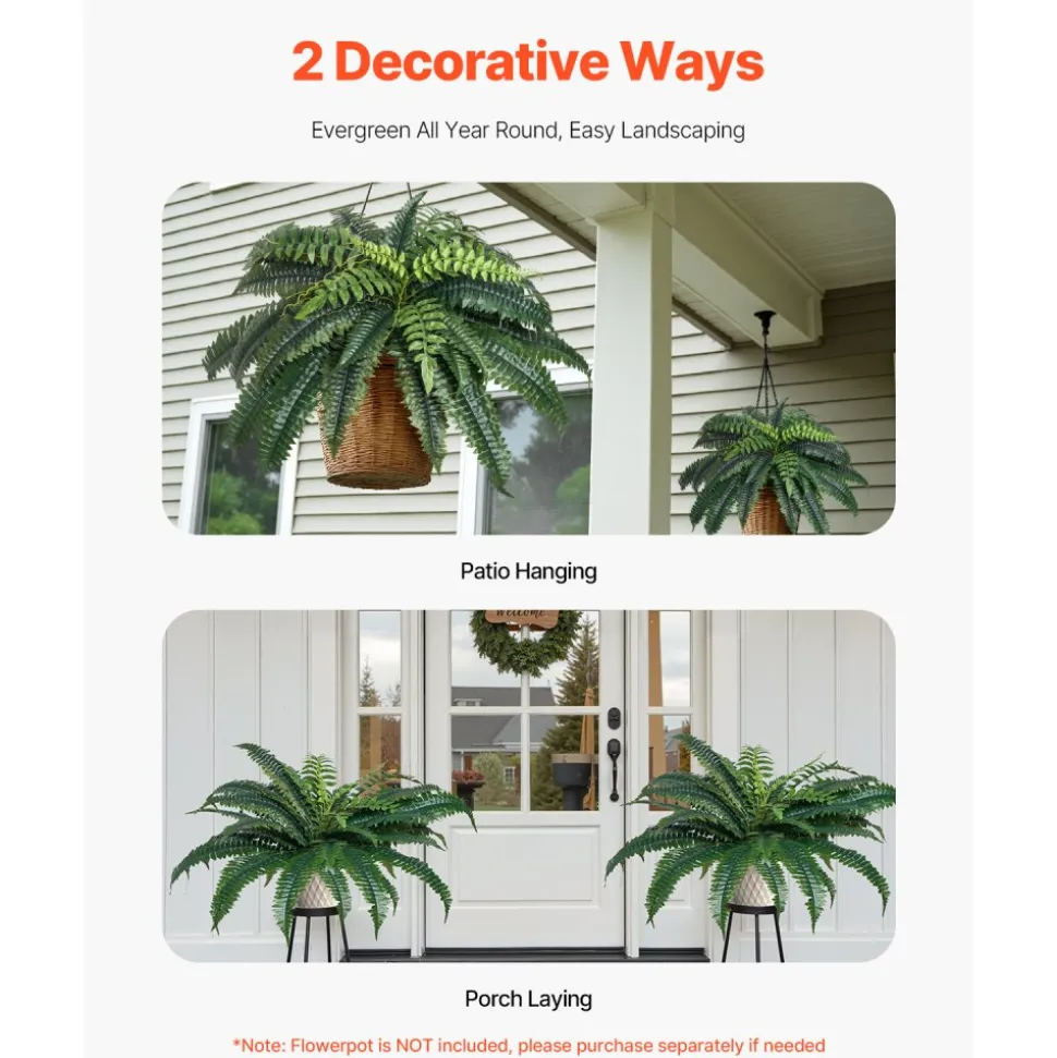 VEVOR Artificial Ferns 2 Pcs, Natural Spread Diameter 35-39 Inch, Large Hanging Artificial Boston Ferns, Fake Plant Wall Decor with 35 Branches, Faux Fern for Home and Office (Flowerpot Unincluded)