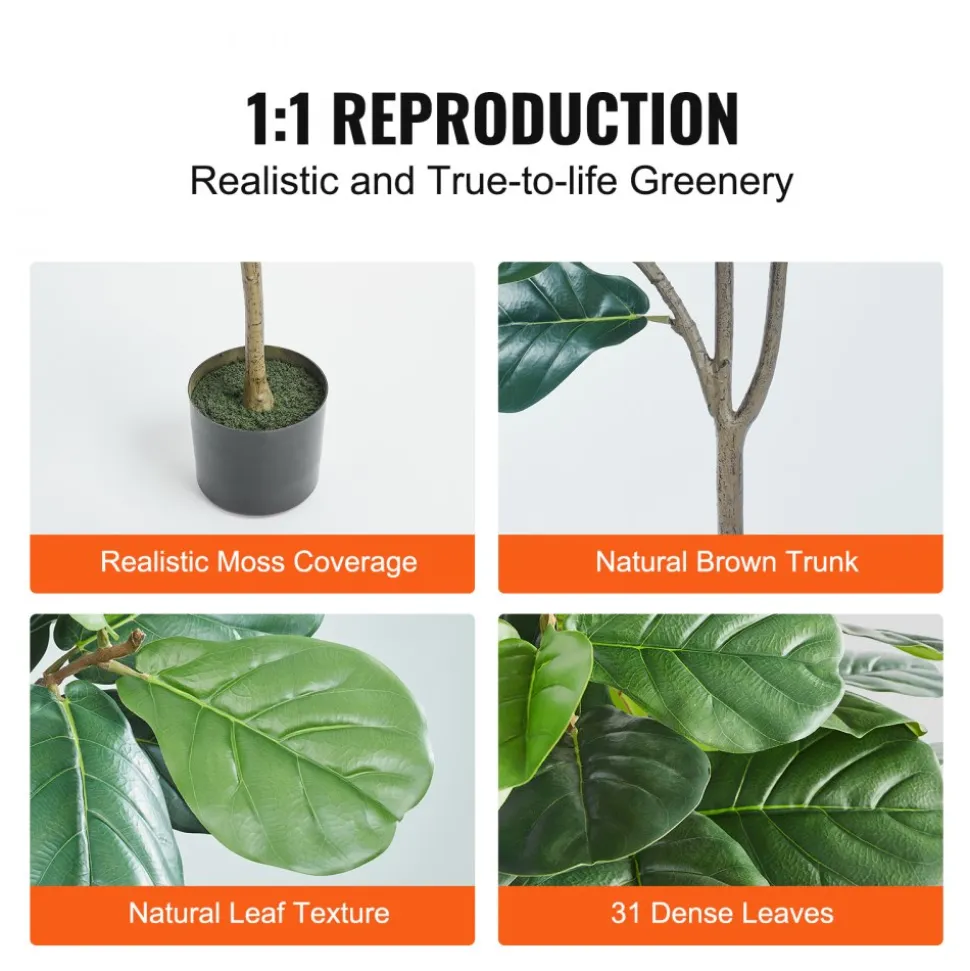 VEVOR Artificial Fiddle Leaf Fig Tree, 5 FT, Secure PE Material & Anti-Tip Tilt Protection Low-Maintenance Faux Plant, Lifelike Green Fake Potted Tree for Home Office Warehouse Decor Indoor Outdoor