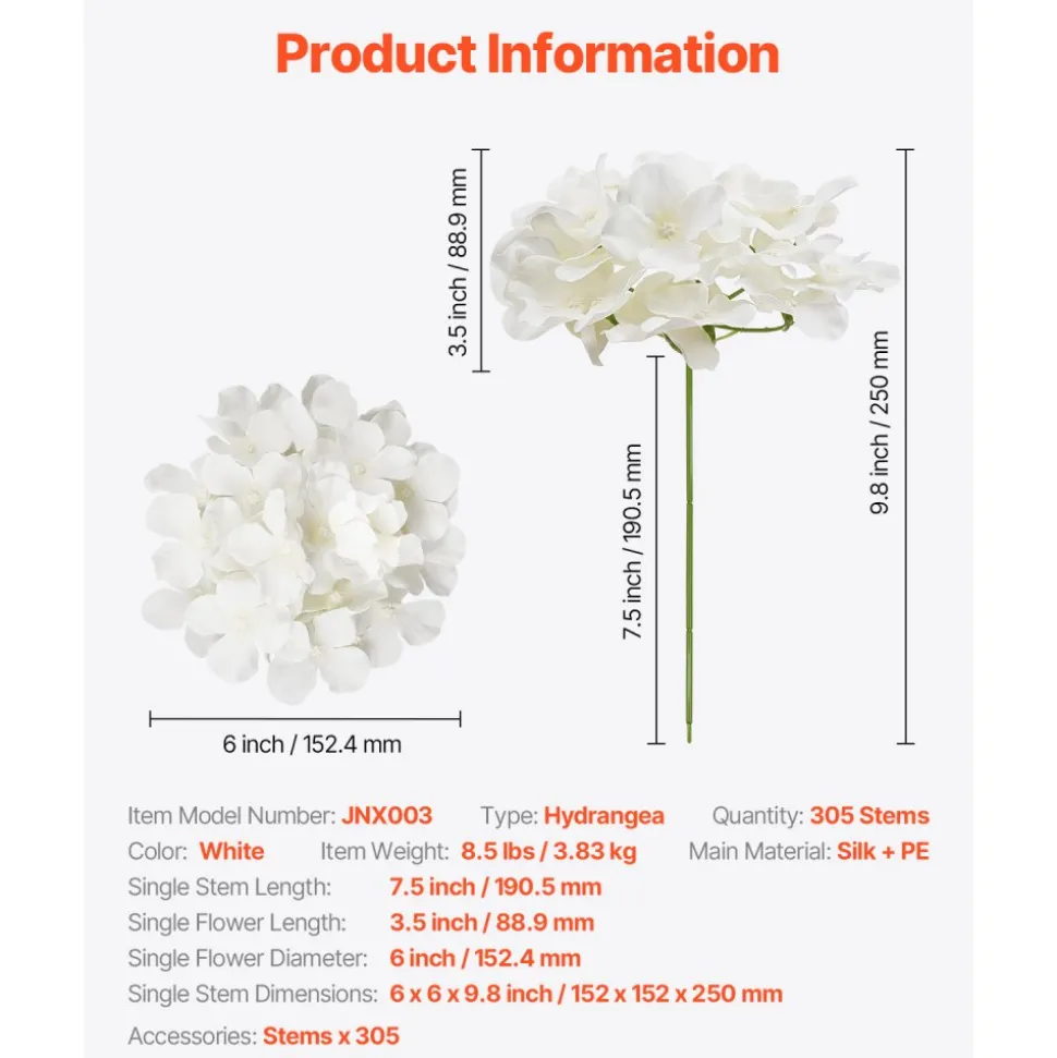 VEVOR Artificial Flowers, 305 pcs Real Looking White Silk Fake Hydrangea Bulk, White Faux Bridal Shower with Stems for DIY Wedding Bouquets, Home Centerpieces Arrangements, Party Tables Decorations