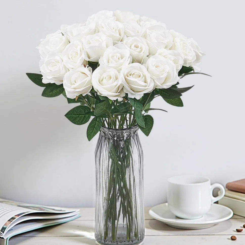 VEVOR Artificial Flowers, 120 pcs Real Looking White Foam Fake Roses Bulk, White Faux Bridal Shower with Stems for DIY Wedding Bouquets, Home Centerpieces Arrangements, Party Tables Decorations
