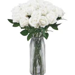 VEVOR Artificial Flowers, 120 pcs Real Looking White Foam Fake Roses Bulk, White Faux Bridal Shower with Stems for DIY Wedding Bouquets, Home Centerpieces Arrangements, Party Tables Decorations