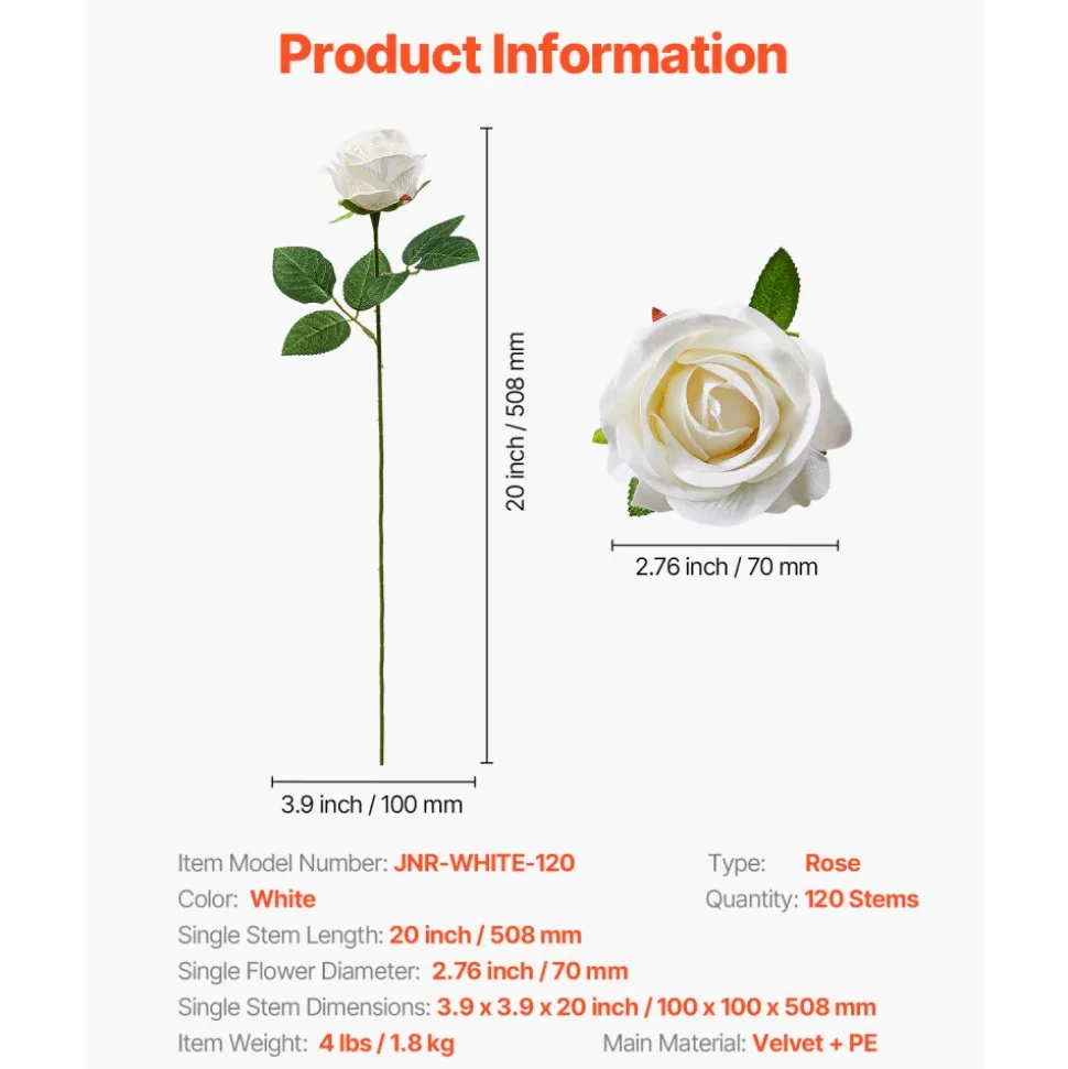 VEVOR Artificial Flowers, 120 pcs Real Looking White Foam Fake Roses Bulk, White Faux Bridal Shower with Stems for DIY Wedding Bouquets, Home Centerpieces Arrangements, Party Tables Decorations