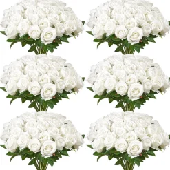 VEVOR Artificial Flowers, 120 pcs Real Looking White Foam Fake Roses Bulk, White Faux Bridal Shower with Stems for DIY Wedding Bouquets, Home Centerpieces Arrangements, Party Tables Decorations