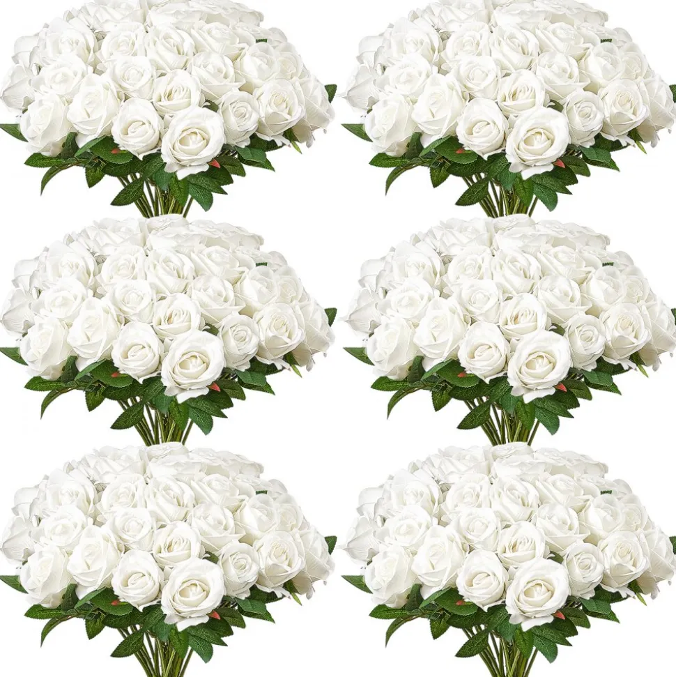 VEVOR Artificial Flowers, 120 pcs Real Looking White Foam Fake Roses Bulk, White Faux Bridal Shower with Stems for DIY Wedding Bouquets, Home Centerpieces Arrangements, Party Tables Decorations