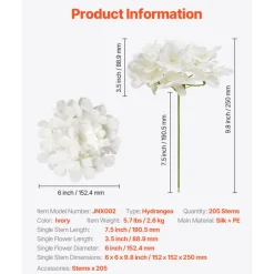 VEVOR Artificial Flowers, 205 pcs Real Looking White Silk Fake Hydrangea Bulk, White Faux Bridal Shower with Stems for DIY Wedding Bouquets, Home Centerpieces Arrangements, Party Tables Decorations