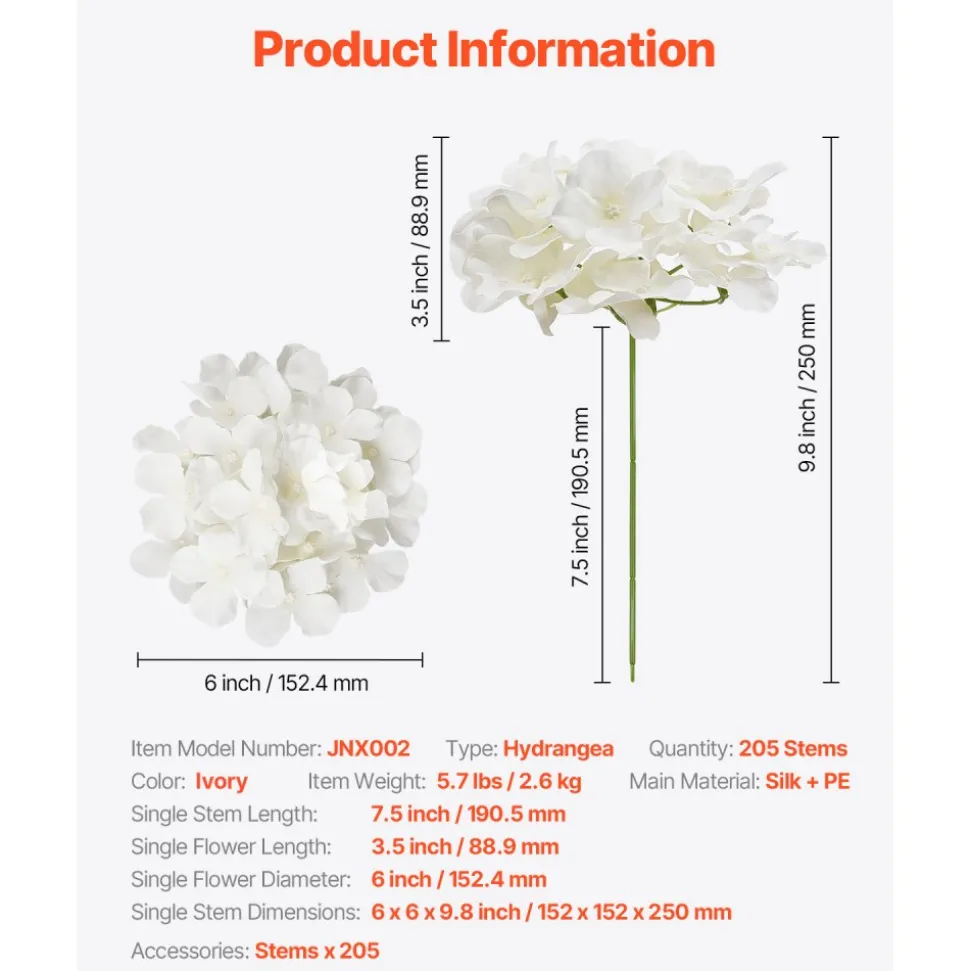 VEVOR Artificial Flowers, 205 pcs Real Looking White Silk Fake Hydrangea Bulk, White Faux Bridal Shower with Stems for DIY Wedding Bouquets, Home Centerpieces Arrangements, Party Tables Decorations