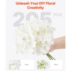 VEVOR Artificial Flowers, 205 pcs Real Looking White Silk Fake Hydrangea Bulk, White Faux Bridal Shower with Stems for DIY Wedding Bouquets, Home Centerpieces Arrangements, Party Tables Decorations