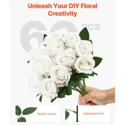 VEVOR Artificial Flowers, 60 pcs Real Looking White Foam Fake Roses Bulk, White Faux Bridal Shower with Stems for DIY Wedding Bouquets, Home Centerpieces Arrangements, Party Tables Decorations