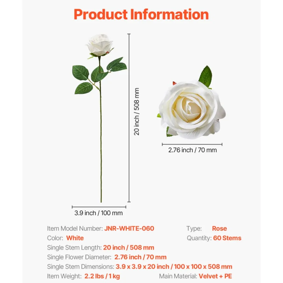 VEVOR Artificial Flowers, 60 pcs Real Looking White Foam Fake Roses Bulk, White Faux Bridal Shower with Stems for DIY Wedding Bouquets, Home Centerpieces Arrangements, Party Tables Decorations