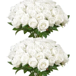 VEVOR Artificial Flowers, 60 pcs Real Looking White Foam Fake Roses Bulk, White Faux Bridal Shower with Stems for DIY Wedding Bouquets, Home Centerpieces Arrangements, Party Tables Decorations