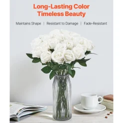 VEVOR Artificial Flowers, 60 pcs Real Looking White Foam Fake Roses Bulk, White Faux Bridal Shower with Stems for DIY Wedding Bouquets, Home Centerpieces Arrangements, Party Tables Decorations