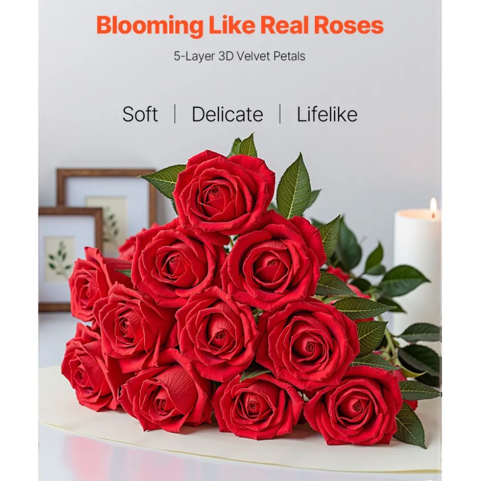 VEVOR Artificial Flowers, 60 pcs Real Looking Red Foam Fake Roses Bulk, Faux Red Bridal Shower with Stems for DIY Wedding Bouquets, Home Centerpieces Arrangements, Party Tables Decorations