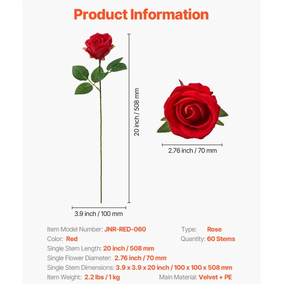 VEVOR Artificial Flowers, 60 pcs Real Looking Red Foam Fake Roses Bulk, Faux Red Bridal Shower with Stems for DIY Wedding Bouquets, Home Centerpieces Arrangements, Party Tables Decorations