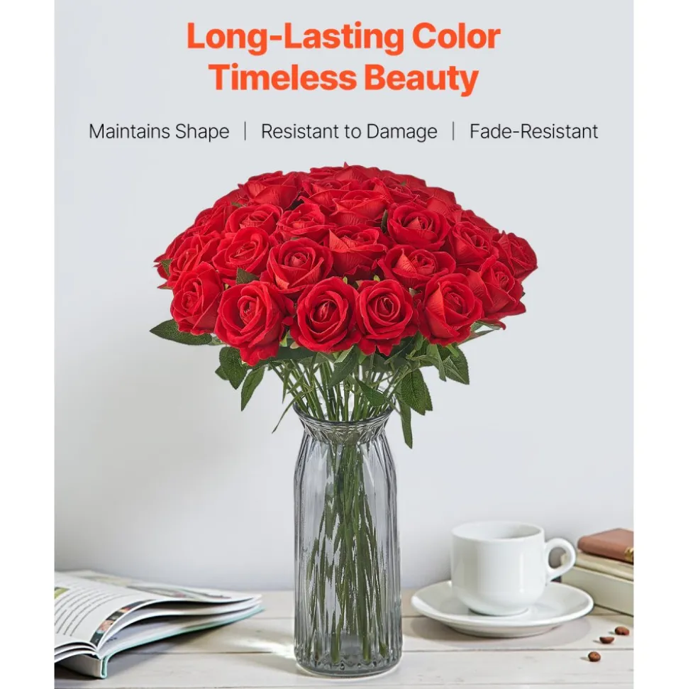 VEVOR Artificial Flowers, 60 pcs Real Looking Red Foam Fake Roses Bulk, Faux Red Bridal Shower with Stems for DIY Wedding Bouquets, Home Centerpieces Arrangements, Party Tables Decorations