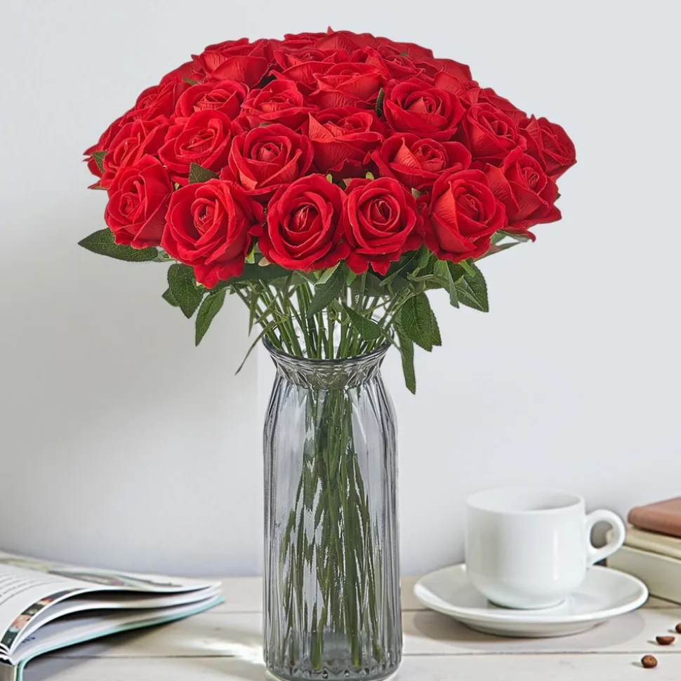 VEVOR Artificial Flowers, 60 pcs Real Looking Red Foam Fake Roses Bulk, Faux Red Bridal Shower with Stems for DIY Wedding Bouquets, Home Centerpieces Arrangements, Party Tables Decorations