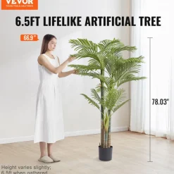 VEVOR Artificial Gold Cane Palm Tree, 6.5 FT Tall Faux Plant, PE Material & Anti-Tip Tilt Protection Low-Maintenance Plant, Lifelike Green Fake Tree for Home Office Warehouse Decor Indoor Outdoor