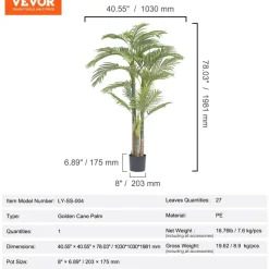 VEVOR Artificial Gold Cane Palm Tree, 6.5 FT Tall Faux Plant, PE Material & Anti-Tip Tilt Protection Low-Maintenance Plant, Lifelike Green Fake Tree for Home Office Warehouse Decor Indoor Outdoor