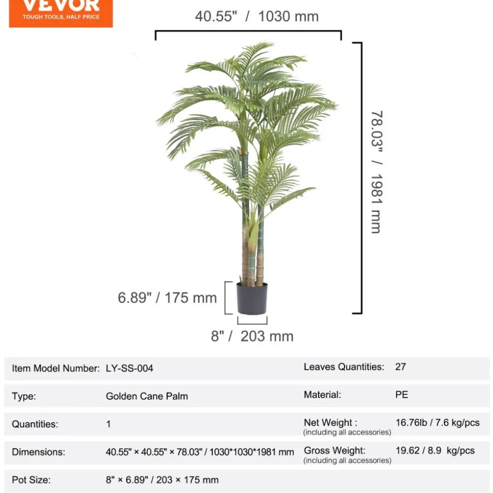 VEVOR Artificial Gold Cane Palm Tree, 6.5 FT Tall Faux Plant, PE Material & Anti-Tip Tilt Protection Low-Maintenance Plant, Lifelike Green Fake Tree for Home Office Warehouse Decor Indoor Outdoor