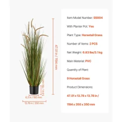 VEVOR Artificial Grass Plant, 2 Pack 47 inch Horsetail Reed Grass in Pot, Premium PVC Faux Fake Greenery Shrubs Plant for Indoor Outdoor House Home Garden Office Room Décor, Housewarming, Green