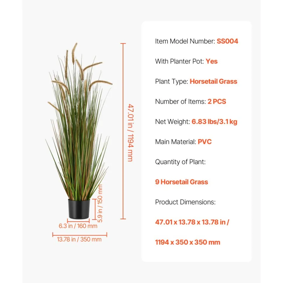 VEVOR Artificial Grass Plant, 2 Pack 47 inch Horsetail Reed Grass in Pot, Premium PVC Faux Fake Greenery Shrubs Plant for Indoor Outdoor House Home Garden Office Room Décor, Housewarming, Green