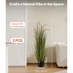 VEVOR Artificial Grass Plant, 2 Pack 47 inch Horsetail Reed Grass in Pot, Premium PVC Faux Fake Greenery Shrubs Plant for Indoor Outdoor House Home Garden Office Room Décor, Housewarming, Green