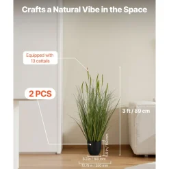 VEVOR Artificial Grass Plant, 2 Pack 35 inch Cattail Grass in Pot, Premium PVC Faux Fake Greenery Shrubs Plant for Indoor Outdoor House Home Garden Office Room Décor, Housewarming, Green