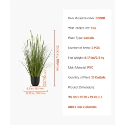 VEVOR Artificial Grass Plant, 2 Pack 59 inch Faux Reed Flower Grass in Pot, Premium PVC Fake Greenery Shrubs Plant for Indoor Outdoor House Home Garden Office Room Décor, Housewarming, Green