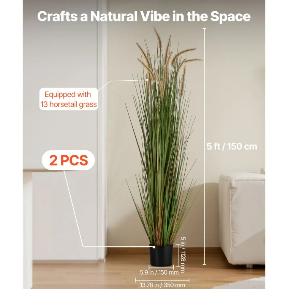 VEVOR Artificial Grass Plant, 2 Pack 59 inch Horsetail Reed Grass in Pot, Premium PVC Faux Fake Greenery Shrubs Plant for Indoor Outdoor House Home Garden Office Room Décor, Housewarming, Green