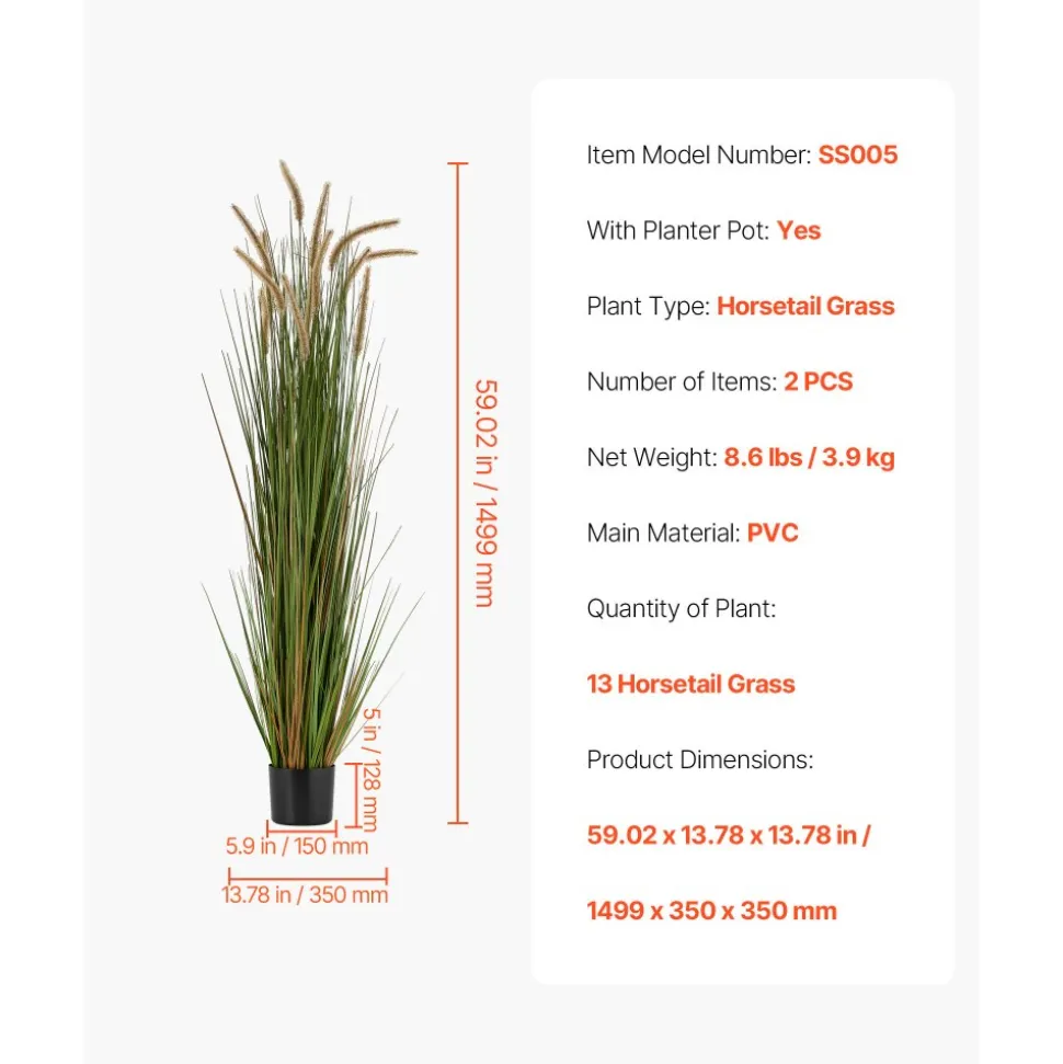 VEVOR Artificial Grass Plant, 2 Pack 59 inch Horsetail Reed Grass in Pot, Premium PVC Faux Fake Greenery Shrubs Plant for Indoor Outdoor House Home Garden Office Room Décor, Housewarming, Green