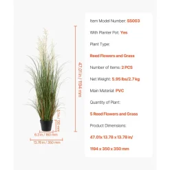 VEVOR Artificial Grass Plant, 2 Pack 47 inch Reed Flower Grass in Pot, Premium PVC Faux Fake Greenery Shrubs Plant for Indoor Outdoor House Home Garden Office Room Décor, Housewarming, Green