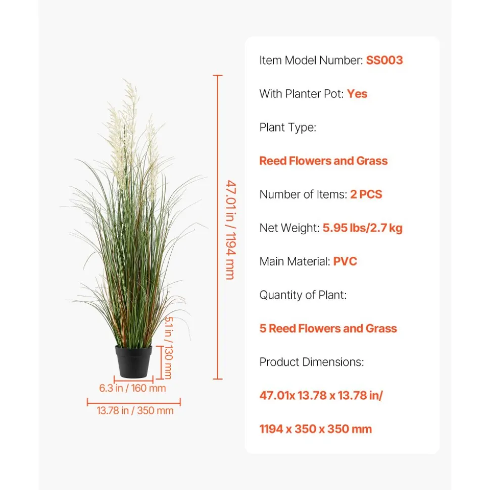VEVOR Artificial Grass Plant, 47 inch Reed Flower Grass in Pot, Premium PVC Faux Fake Greenery Shrubs Plant for Indoor Outdoor House Home Garden Office Room Décor, Housewarming, 1 Pack Green