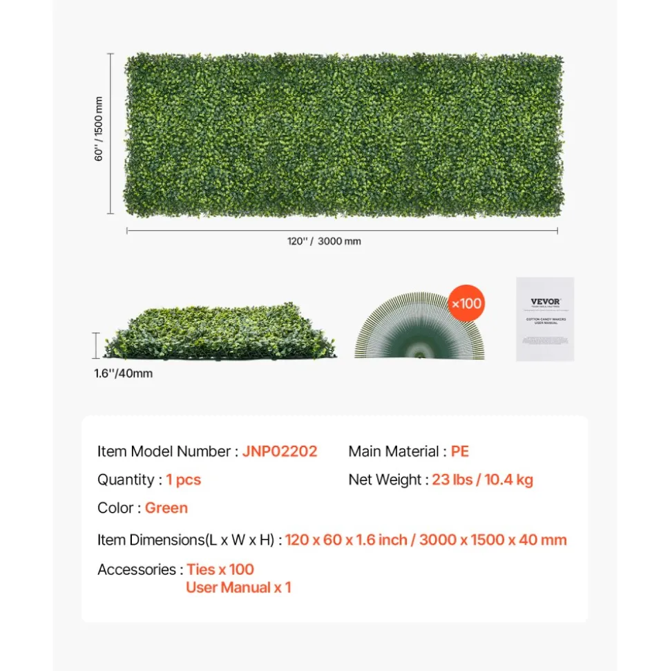 VEVOR Artificial Grass Wall Panels, 60 x 120 inch, Milan Grass Greenery Boxwood Panel for Indoor Outdoor Green Decor & Ivy Fence Covering, Privacy Backdrop Wall Hedge Screen for Garden