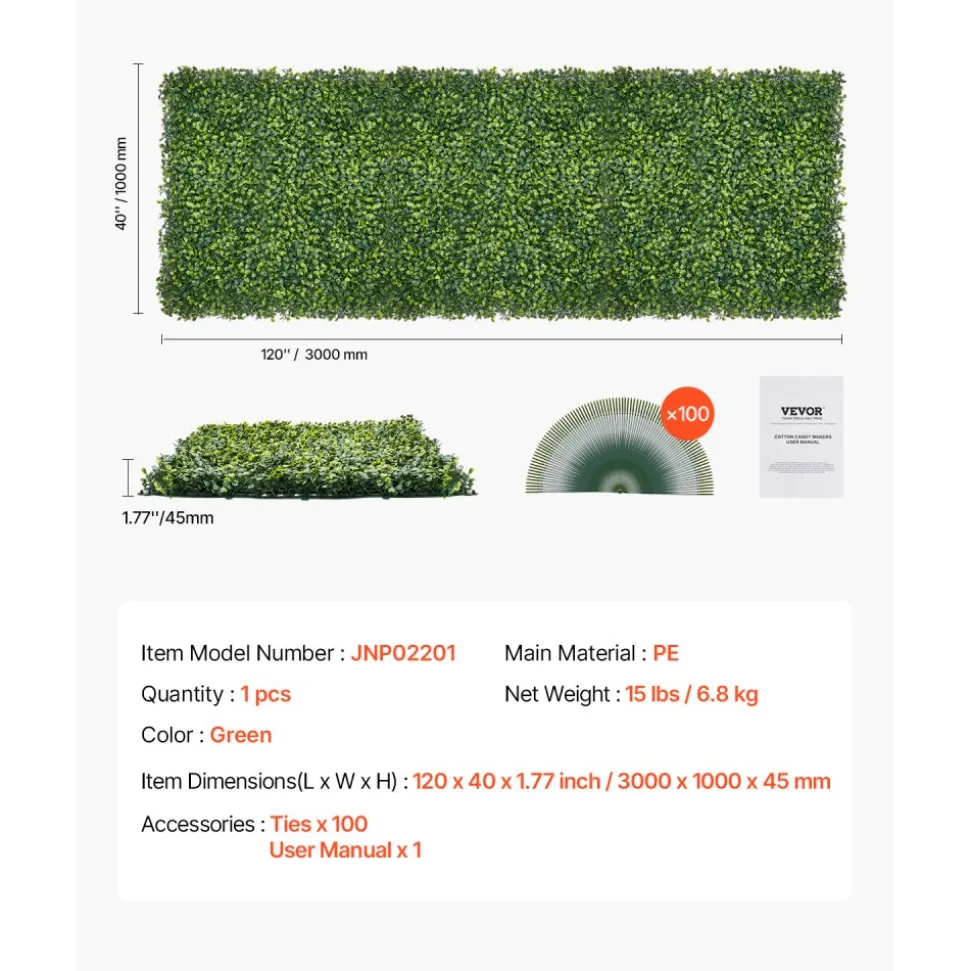 VEVOR Artificial Grass Wall Panels, 40 x 120 inch, Milan Grass Greenery Boxwood Panel for Indoor Outdoor Green Decor & Ivy Fence Covering, Privacy Backdrop Wall Hedge Screen for Garden