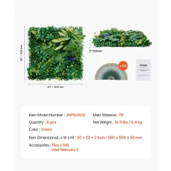 VEVOR Artificial Grass Wall Panels, 8 PCS 20 x 20 inch, 3D Combination Greenery Boxwood  Panel for Indoor Outdoor Green Decor & Ivy Fence Covering, Privacy Backdrop Wall Hedge Screen for Garden