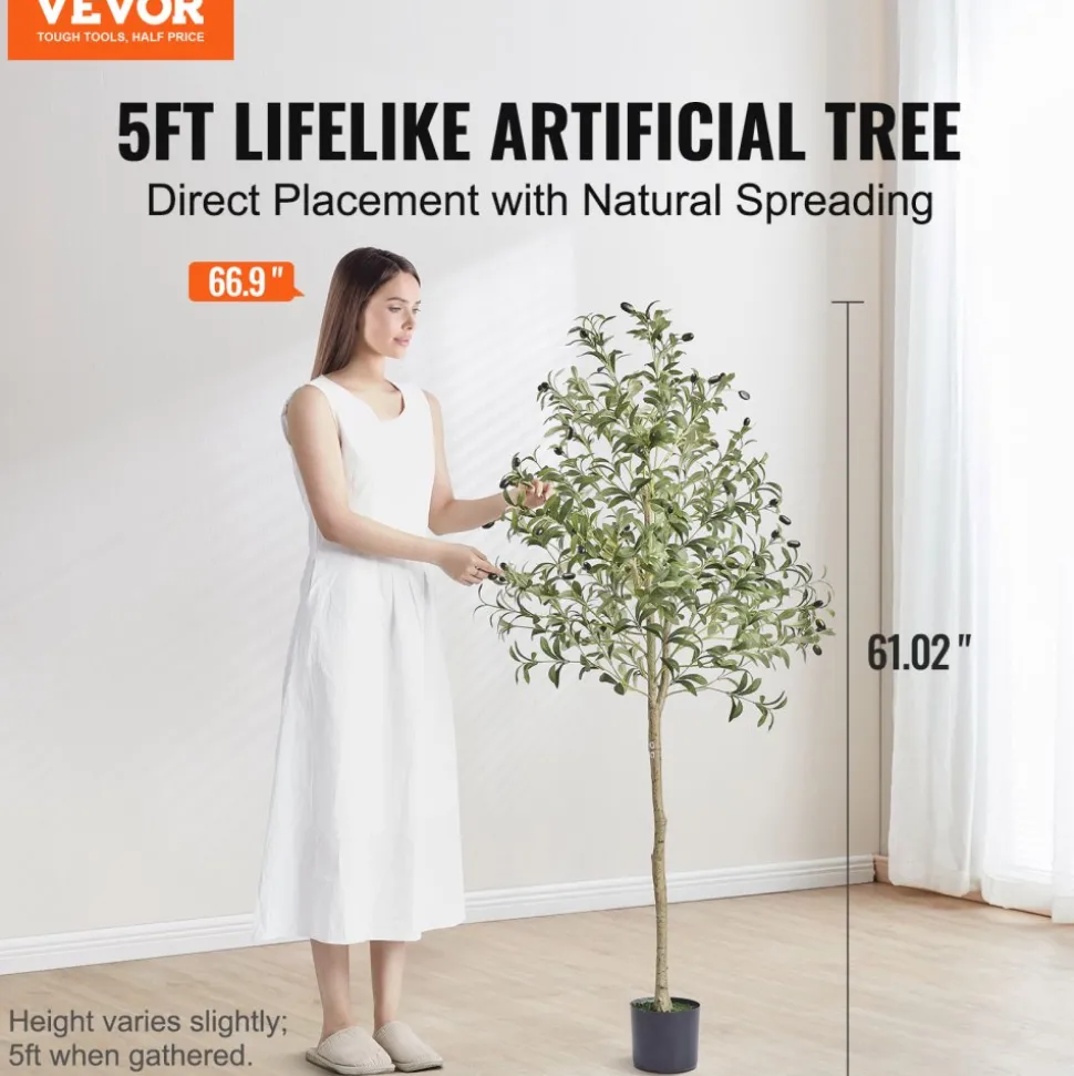 VEVOR Artificial Olive Tree, 5 FT Tall Faux Plant, Secure PE Material & Anti-Tip Tilt Protection Low-Maintenance Plant, Lifelike Green Fake Potted Tree for Home Office Warehouse Decor Indoor Outdoor