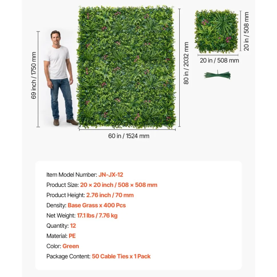 VEVOR Artificial Plant Wall, 12PCS 20 x 20 in Artificial Boxwood Panels, Greenery Backdrop Privacy Hedge Fence with Sun Protection, Fake Grass Wall Screen for Wedding, Indoor, Outdoor Garden, Backyard