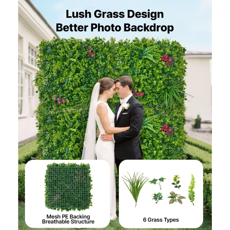VEVOR Artificial Plant Wall, 12PCS 20 x 20 in Artificial Boxwood Panels, Greenery Backdrop Privacy Hedge Fence with Sun Protection, Fake Grass Wall Screen for Wedding, Indoor, Outdoor Garden, Backyard