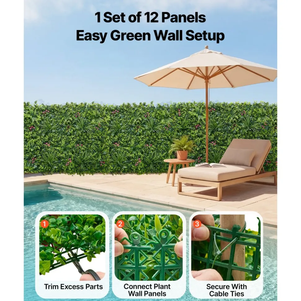 VEVOR Artificial Plant Wall, 12PCS 20 x 20 in Artificial Boxwood Panels, Greenery Backdrop Privacy Hedge Fence with Sun Protection, Fake Grass Wall Screen for Wedding, Indoor, Outdoor Garden, Backyard