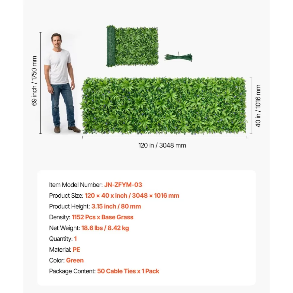 VEVOR Artificial Plant Wall, 40 x 120 in Artificial Boxwood Panels, Sun Protection Greenery Backdrop Privacy Hedge Fence, Fake Grass Screen for Wedding, Indoor, Outdoor Garden, Backyard (1 PC)
