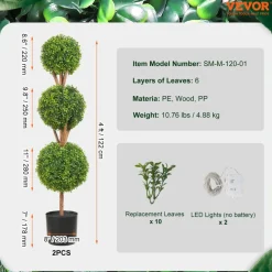 VEVOR Artificial Topiaries Boxwood Trees, 48 inch Tall (2 Pieces), 3 Ball-Shape Faux Topiaries Plant with Planters, Green Feaux Plant w/ Replaceable Leaves & Port for Decorative Indoor/Outdoor/Garden