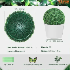 VEVOR Artificial Topiaries Boxwood Trees, 16” Tall (2 Pieces), Ball-Shape Faux Topiaries Plant, All-year Green Feaux Plant Decorative Balls for Backyard, Balcony,Garden, Wedding and Home Décor