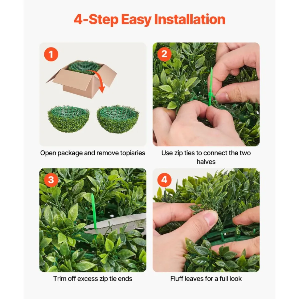 VEVOR Artificial Topiary Ball, 23 inch Faux Boxwood Plant Balls, Fake Silk Tree Look Real, Easy Assembly for Decor Front Porch Outdoor Patio Garden Balcony Backyard and Indoor Home Wedding, Green