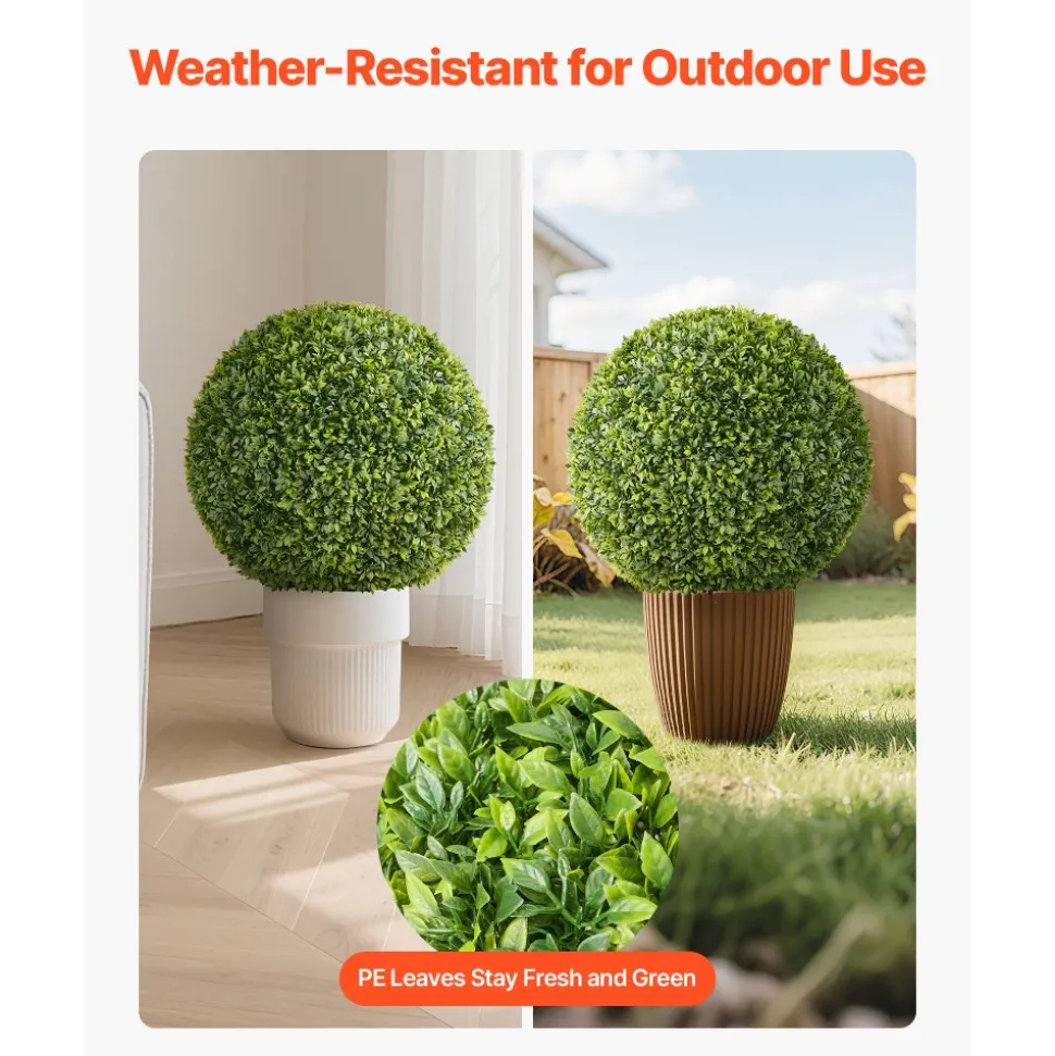 VEVOR Artificial Topiary Ball, 23 inch Faux Boxwood Plant Balls, Fake Silk Tree Look Real, Easy Assembly for Decor Front Porch Outdoor Patio Garden Balcony Backyard and Indoor Home Wedding, Green
