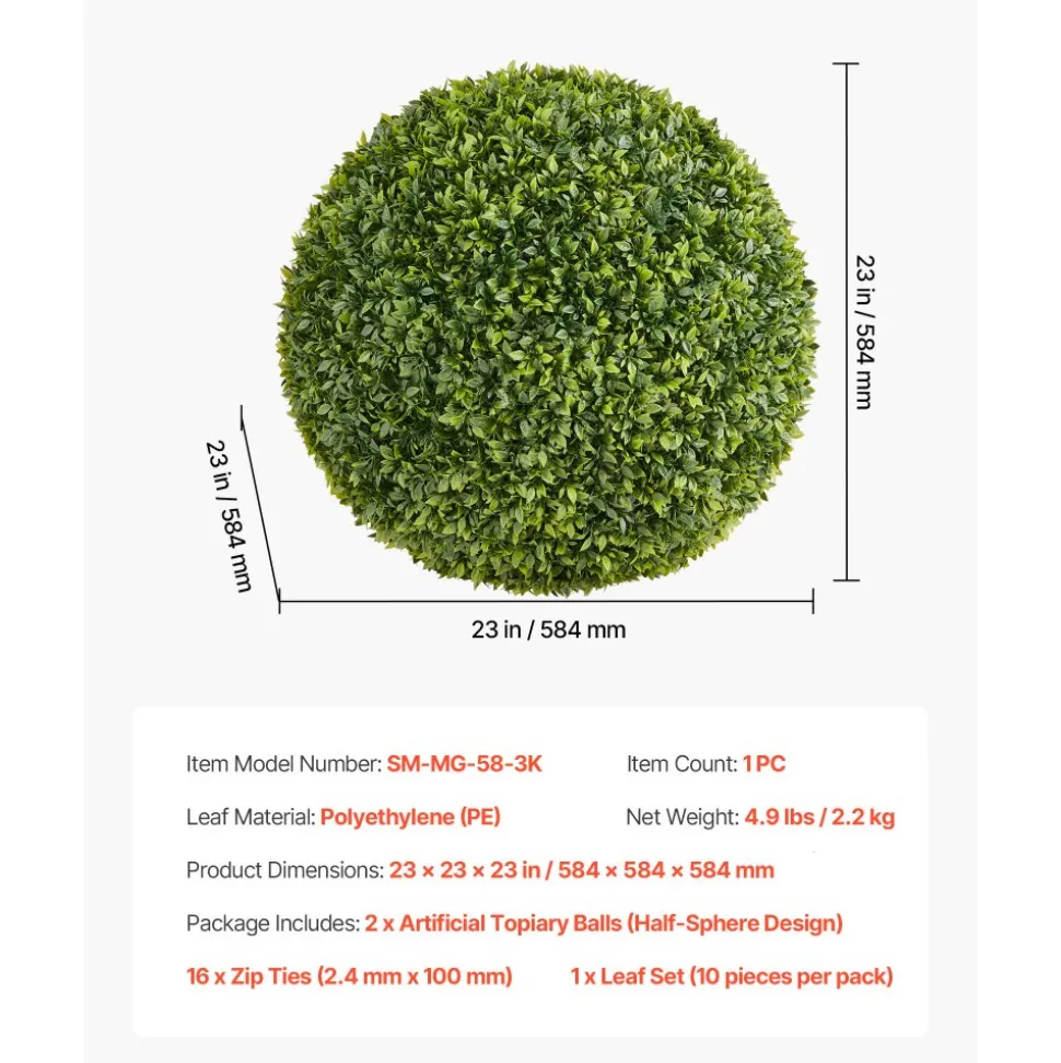 VEVOR Artificial Topiary Ball, 23 inch Faux Boxwood Plant Balls, Fake Silk Tree Look Real, Easy Assembly for Decor Front Porch Outdoor Patio Garden Balcony Backyard and Indoor Home Wedding, Green