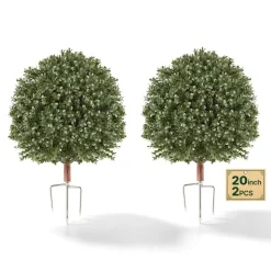 VEVOR Artificial Topiary Ball Boxwood Bush 20 in Set of 2 Green Fake Shrubs, PE Faux Trees with Metal Ground Spikes, Indoor & Outdoor Plant for Front Door, Entryway, Porch, Balcony, Patio, Garden