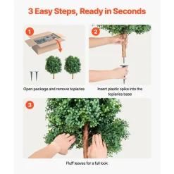 VEVOR Artificial Topiary Boxwood Trees with Ground Spike, 27 inch 2 Set Faux Shrubs & Bushes Potted Plants, Fake Silk Tree Look Real for Decor Front Porch Outdoor Indoor Patio Garden Balcony Backyard