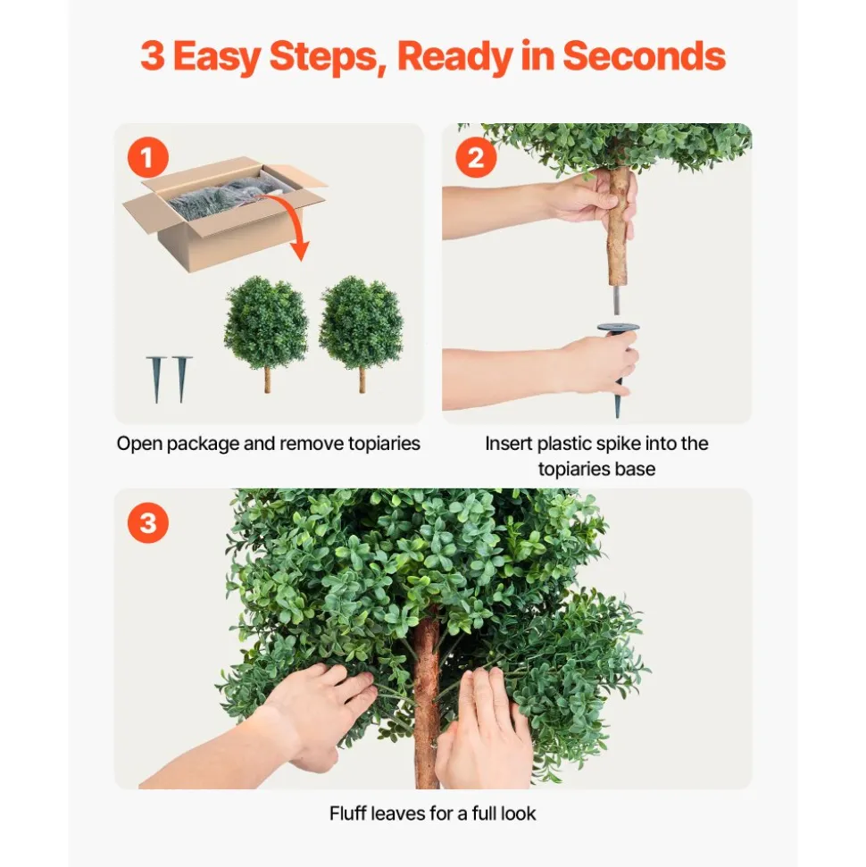 VEVOR Artificial Topiary Boxwood Trees with Ground Spike, 27 inch 2 Set Faux Shrubs & Bushes Potted Plants, Fake Silk Tree Look Real for Decor Front Porch Outdoor Indoor Patio Garden Balcony Backyard