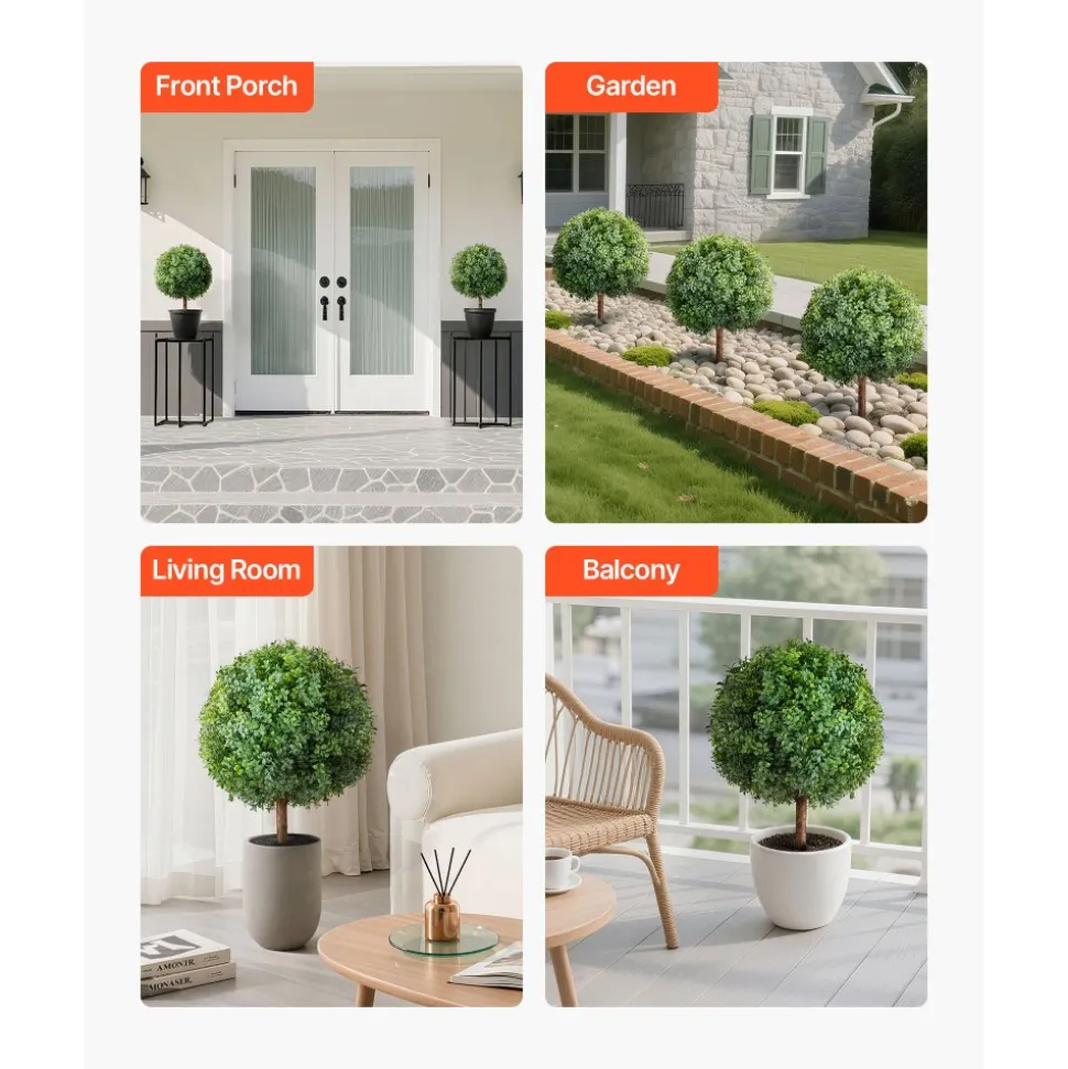 VEVOR Artificial Topiary Boxwood Trees with Ground Spike, 27 inch 2 Set Faux Shrubs & Bushes Potted Plants, Fake Silk Tree Look Real for Decor Front Porch Outdoor Indoor Patio Garden Balcony Backyard