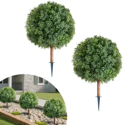 VEVOR Artificial Topiary Boxwood Trees with Ground Spike, 27 inch 2 Set Faux Shrubs & Bushes Potted Plants, Fake Silk Tree Look Real for Decor Front Porch Outdoor Indoor Patio Garden Balcony Backyard