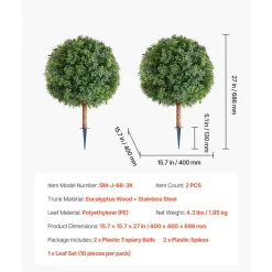 VEVOR Artificial Topiary Boxwood Trees with Ground Spike, 27 inch 2 Set Faux Shrubs & Bushes Potted Plants, Fake Silk Tree Look Real for Decor Front Porch Outdoor Indoor Patio Garden Balcony Backyard